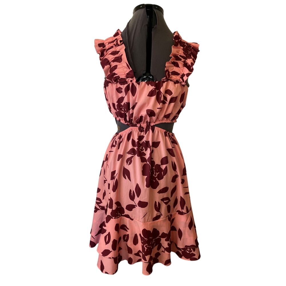 Almada Coral and Burgundy Floral Cut Out Ruffle Dress • Size S